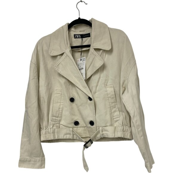 Zara Women Crop Trench Jacket M Medium Ecru Double Breasted Cotton 8372/230 NWT - Picture 1 of 16